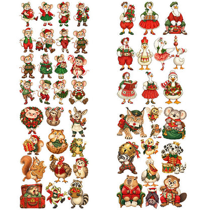 FourstylesofvintageChristmasanimalstickersfeaturingfestivemice_geese_woodlandcreatures_andplayfulanimalsinredandgreenoutfits