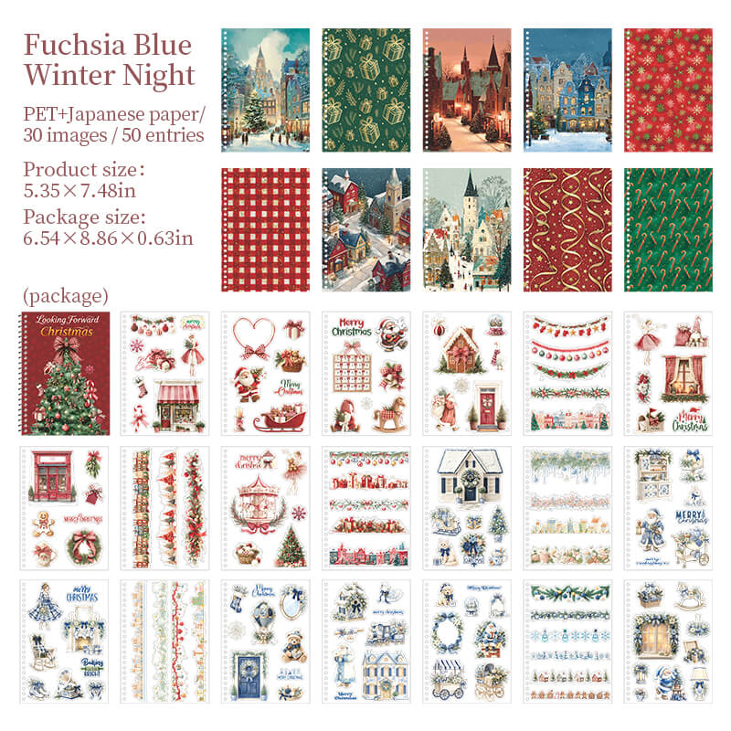 FuchsiaBlueWinterNightvintageChristmasstickerbookwithredblueandgreenholidaydesigns