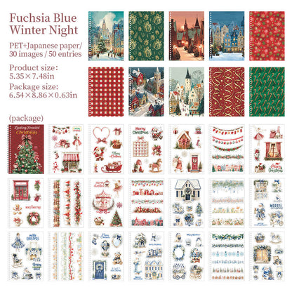 FuchsiaBlueWinterNightvintageChristmasstickerbookwithredblueandgreenholidaydesigns