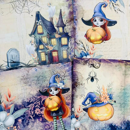 Halloween-themed collage print featuring a haunted house, witch characters in blue hats holding glowing pumpkins, ghosts, a spider, cobwebs, and vintage script on a textured cream and purple background.