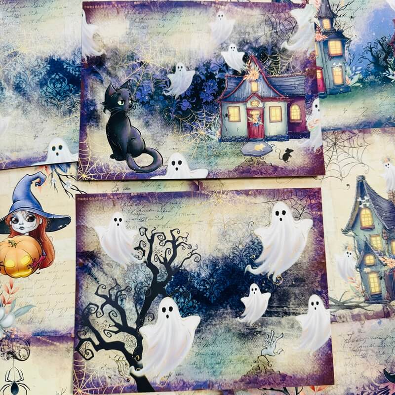 A collage of Halloween-themed art prints and illustrations, featuring haunted houses, floating white ghosts, a black cat, a witch doll, and spooky trees on a textured, vintage-style background.