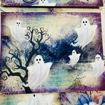 A square Halloween-themed mixed-media art print featuring white ghosts, a black spooky tree, and a textured purple and blue background with vintage script and floral elements.