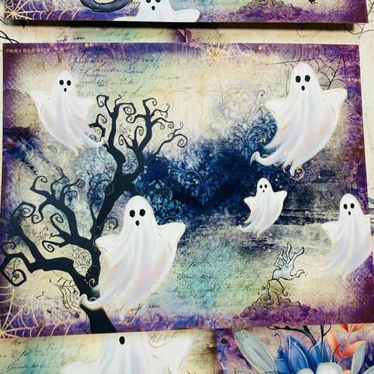A square Halloween-themed mixed-media art print featuring white ghosts, a black spooky tree, and a textured purple and blue background with vintage script and floral elements.
