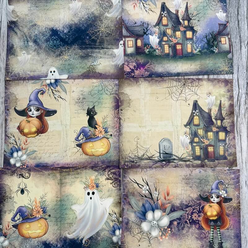 A collage-style Halloween-themed print featuring a haunted house, ghosts, pumpkins, cobwebs, flowers, a cat in a witch hat, and spooky foliage on a textured beige background.