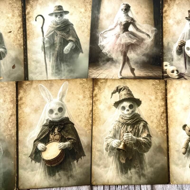 A collage of vintage-style sepia illustrations showing a skeleton figure in different costumes, including a shepherd, ballerina, and musician, each framed by distressed brown borders.