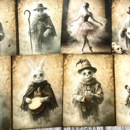 A collage of vintage-style sepia illustrations showing a skeleton figure in different costumes, including a shepherd, ballerina, and musician, each framed by distressed brown borders.