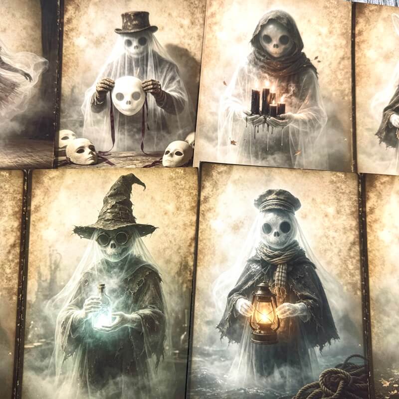 A set of vintage-style Halloween art prints featuring skull-faced ghosts in various spooky costumes, including a witch, a candle-wrapping figure, and a lantern holder, displayed on a dark surface.