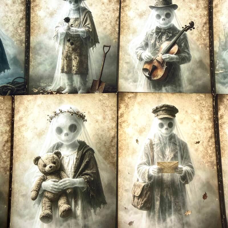 A collage of four square art panels showing a skeleton-like ghostly figure in different poses: holding a flower, playing a violin, holding a teddy bear, and reading a letter. The artwork uses a sepia-toned, foggy, vintage aesthetic with muted beige, brown, gray, and off-white colors.