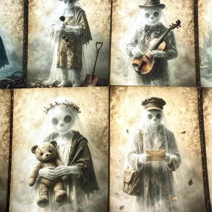 A collage of four square art panels showing a skeleton-like ghostly figure in different poses: holding a flower, playing a violin, holding a teddy bear, and reading a letter. The artwork uses a sepia-toned, foggy, vintage aesthetic with muted beige, brown, gray, and off-white colors.