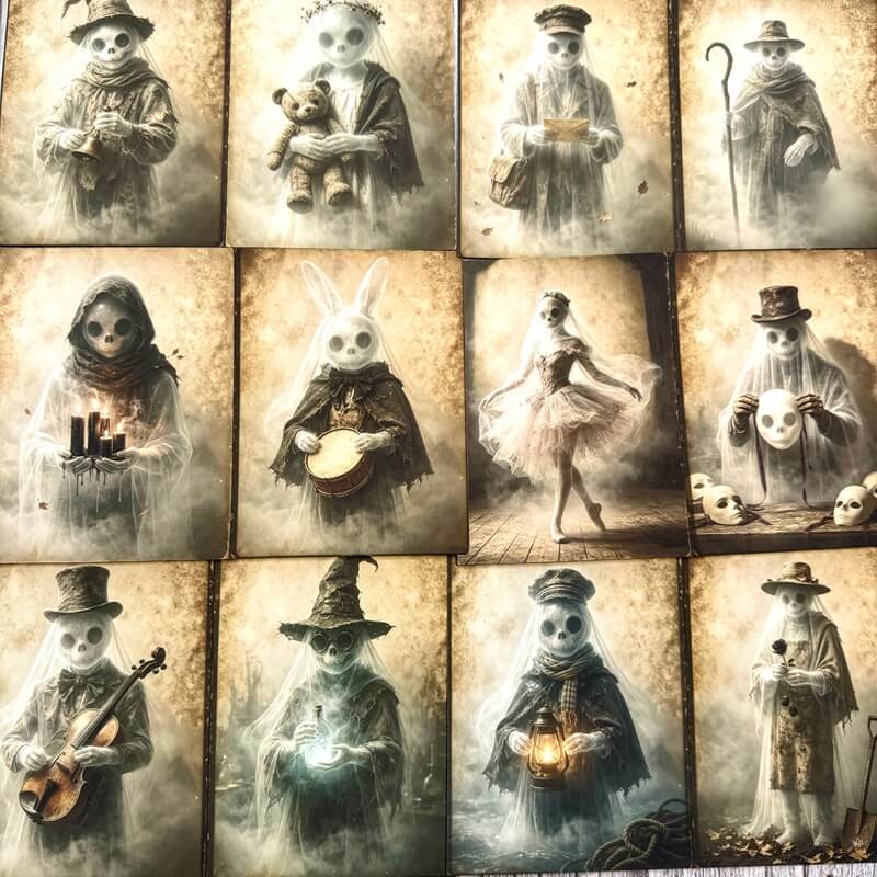 A 12-panel grid of gothic-style illustrations featuring skull-faced characters in vintage clothing, each depicted in a misty sepia-toned scene. The figures include a child with a teddy bear, a woman in a tutu, a musician with a violin, a witch holding a lantern, and others in dark, whimsical costumes.