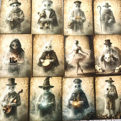 A 12-panel grid of gothic-style illustrations featuring skull-faced characters in vintage clothing, each depicted in a misty sepia-toned scene. The figures include a child with a teddy bear, a woman in a tutu, a musician with a violin, a witch holding a lantern, and others in dark, whimsical costumes.