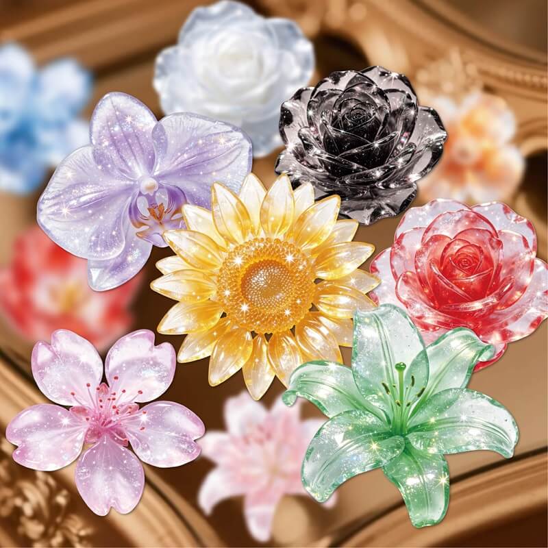 A set of translucent decorative flower-shaped items arranged on a gold-toned ornate surface, including a yellow sunflower, pink cherry blossom, lavender orchid, black rose, red rose, green lily, white rose, and blue flower.