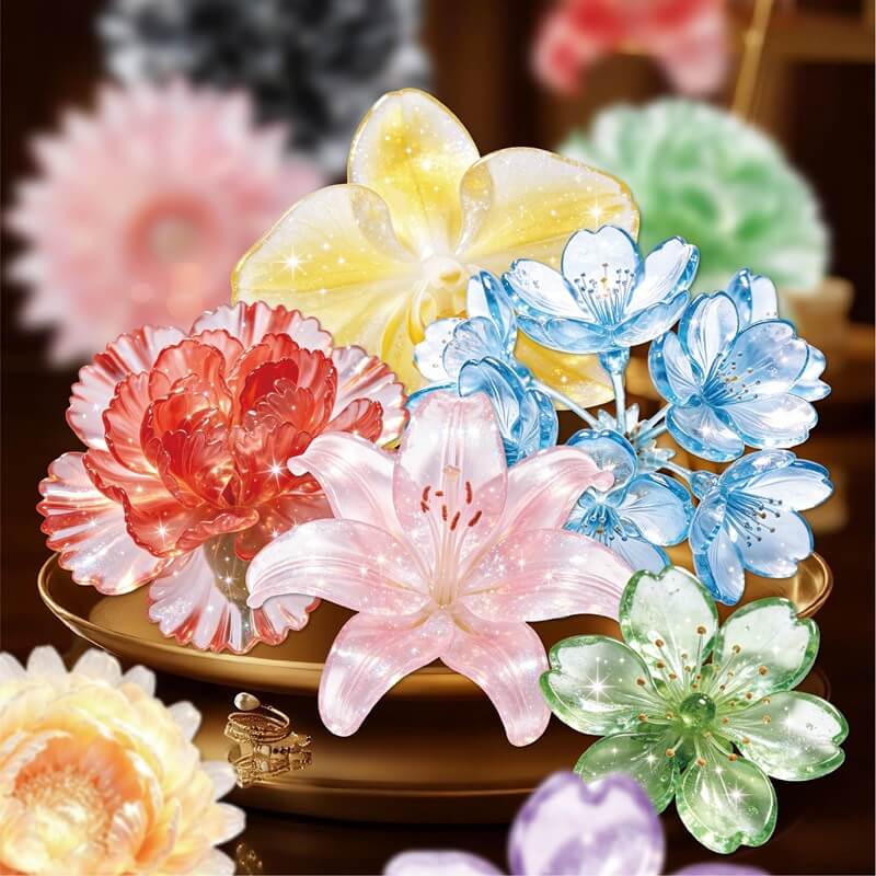 A cluster of translucent flower-shaped decorative pieces in pastel and bright colors, including pink lilies, blue blossoms, red peonies, yellow and green flowers, arranged on a gold-toned dish against a softly blurred warm background.