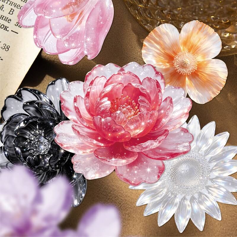 A close-up arrangement of translucent flower-shaped decorative pieces on a warm brown surface, including pink, peach, black, white, and purple blossoms with a glossy, sparkly finish.