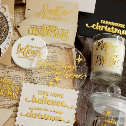GoldholidaywordUVtransferstickersappliedtocandles_acrylicornaments_papertagsandChristmascrafts