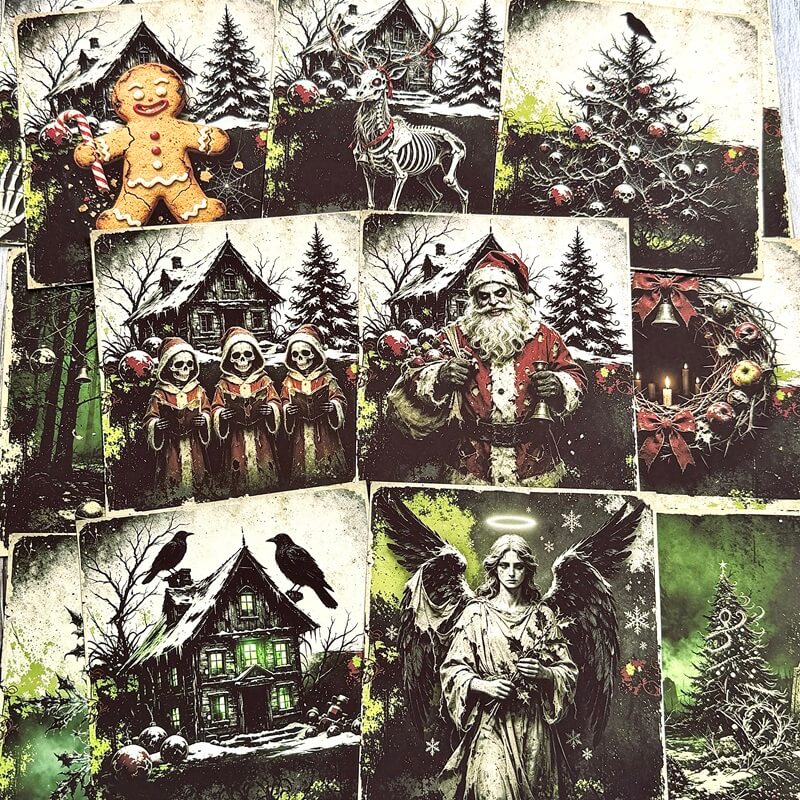 GothicChristmaspaperwithcreepySanta_skullwreath_snowman