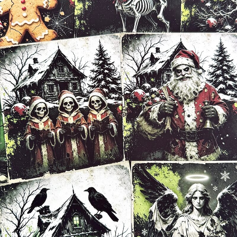 GothicChristmaspaperwithcreepySanta_skullwreath_snowmananddarkwintergraveyard