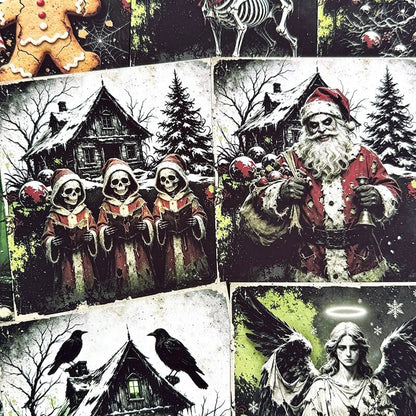 GothicChristmaspaperwithcreepySanta_skullwreath_snowmananddarkwintergraveyard