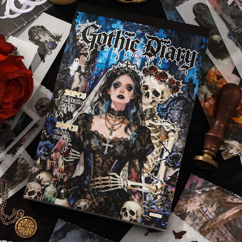 A gothic-themed journal titled 'Gothic Diary' featuring a dark illustration of a woman with blue hair, a crown, and skeletons, styled on a black surface surrounded by gothic props like a red rose, wooden stamp, and old photographs.