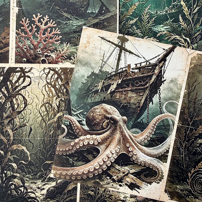 A collage of vintage-style underwater artwork showing a large octopus, a wrecked ship, coral, and dark seaweed, arranged like illustrated panels with a distressed aged-paper look.