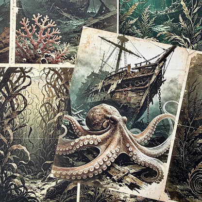 A collage of vintage-style underwater artwork showing a large octopus, a wrecked ship, coral, and dark seaweed, arranged like illustrated panels with a distressed aged-paper look.