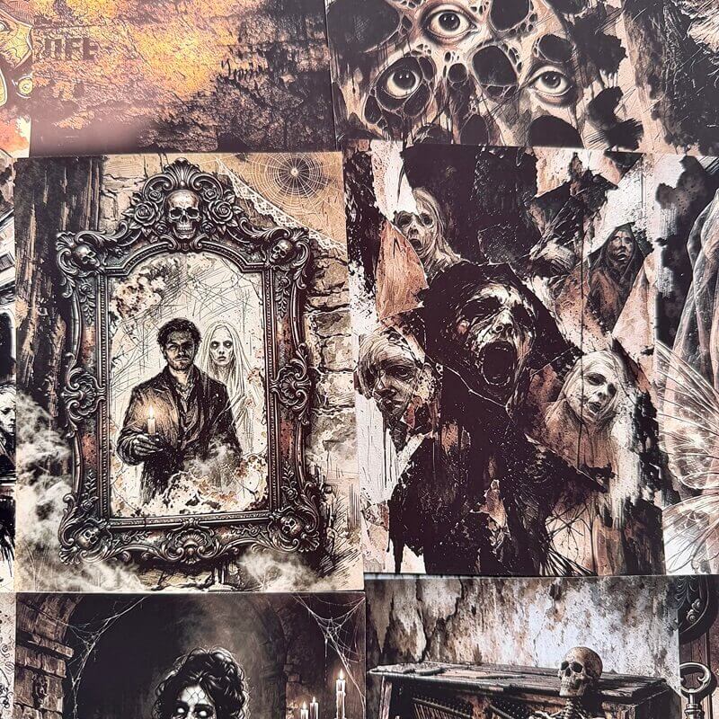 Gothichorrorscrapbookpapersfeaturingaskull-framedghostlyportrait_hoodedskeletonsandeerieeyes