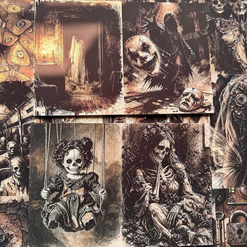 Gothicscrapbookpaperclose-upfeaturingaghostinadoorway_eeriemasks_askeletaldollonaswing_andaskeletonsurroundedbyroses