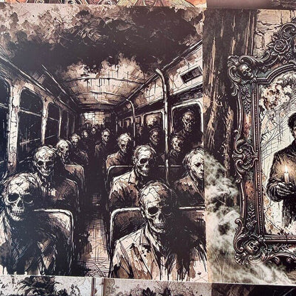 Gothicscrapbookpaperdepictingskeletalpassengersinsideadecayingtraincarriage