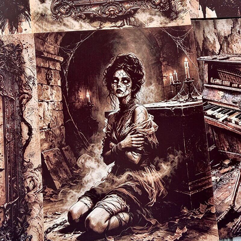 Gothicscrapbookpaperfeaturingaghostlywomankneelinginacandlelitroomwithcobwebsandswirlingmist