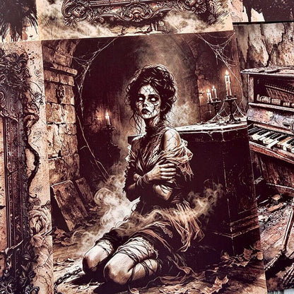 Gothicscrapbookpaperfeaturingaghostlywomankneelinginacandlelitroomwithcobwebsandswirlingmist