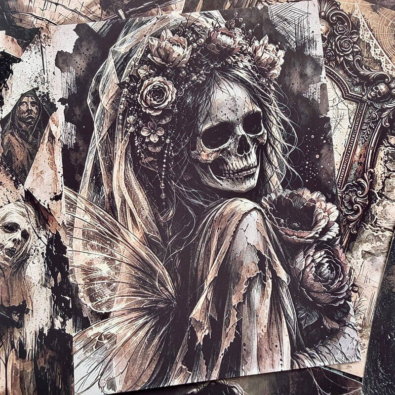 Gothicscrapbookpaperfeaturingaskeletalfairybridewithafloralcrown_tornveilanddelicatewings