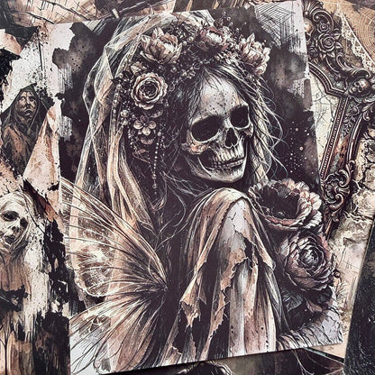 Gothicscrapbookpaperfeaturingaskeletalfairybridewithafloralcrown_tornveilanddelicatewings