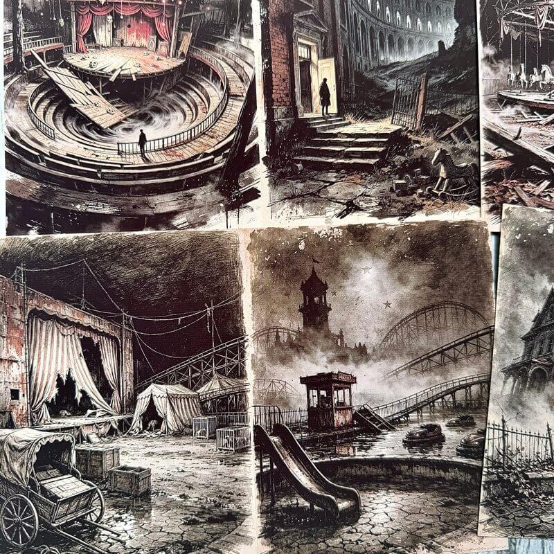 Gothicscrapbookpapersdepictinganabandonedtheater_torncircustentsandafoggyamusementpark