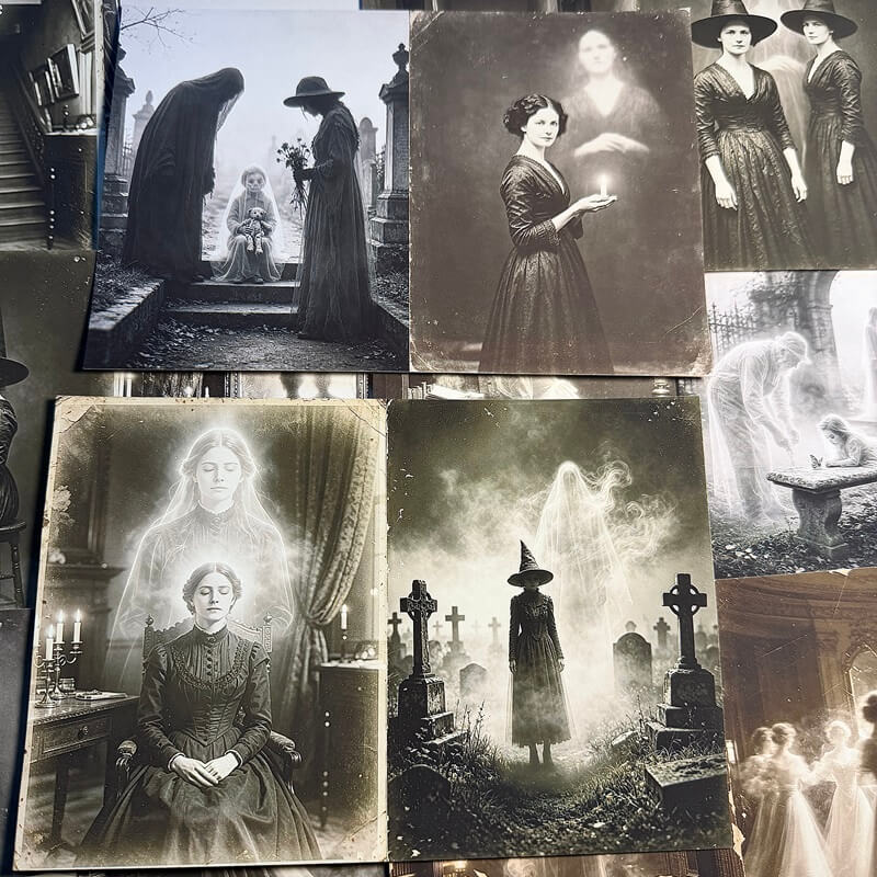 GothicscrapbookpapersfeaturingVictorianspiritportraits_witchesandghostlyfiguresamongcemeteryheadstones