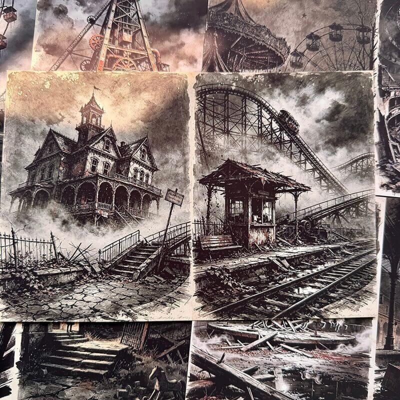 GothicscrapbookpapersfeaturingahauntedVictorianhouse_aderelictrollercoasterandaruinedticketbooth