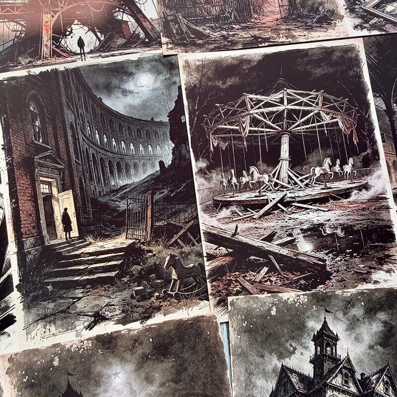 Gothicscrapbookpapersfeaturingamoonlitabandonedbuildingandaruinedcarouselsurroundedbymist