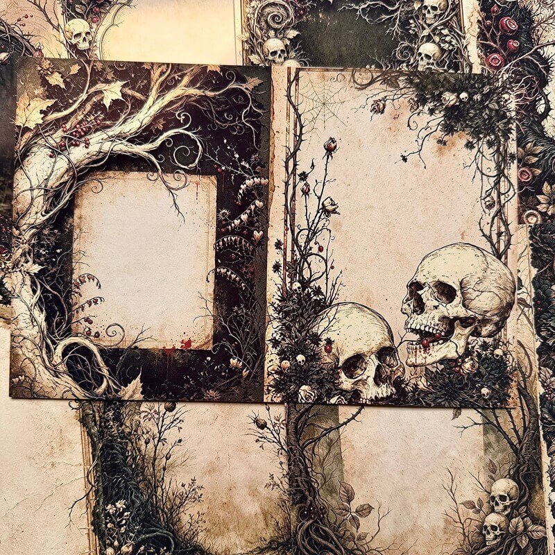 Gothicscrapbookpapersfeaturingskulls_twistedtreebranches_cobwebsandagedparchmentwritingspaces