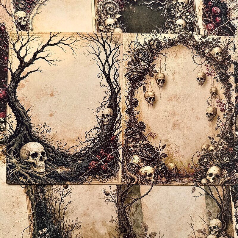 Gothicscrapbookpaperswithbaretreeandblackroseborders_hangingskullsandblankparchmentcenters