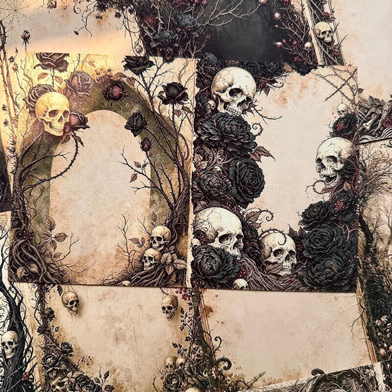 Gothicscrapbookpaperswithblankparchmentcentersframedbyskulls_blackrosesandthornybranches