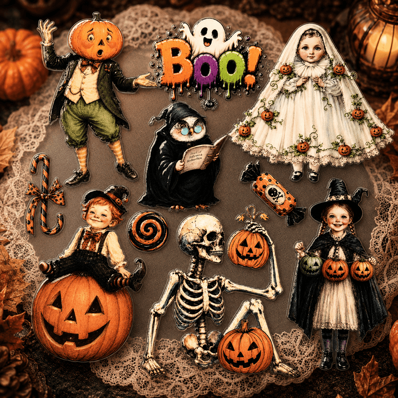 A Halloween-themed collage of illustrated characters and objects: a pumpkin-headed man, a ghost, a girl in a white bridal dress with flowers, a black hooded figure reading, a skeleton holding a jack-o'-lantern, a girl in a witch hat with pumpkins, candy canes, and the word 'Halloween' in colorful letters, all arranged on a lace surface with pumpkins and autumn leaves around them.
