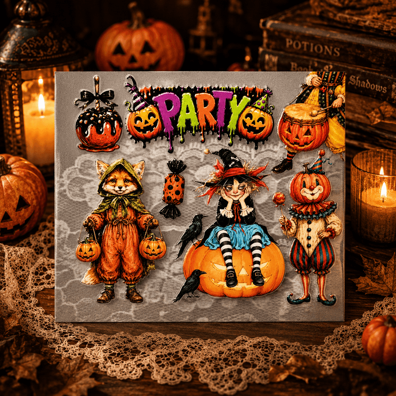 A Halloween-themed decorative card or art print displayed on a rustic wooden surface surrounded by candles, pumpkins, and old books. The card features colorful illustrations including a witch sitting on a pumpkin, a fox in a costume, a jack-o'-lantern, crows, and the word 'PARTY' in dripping rainbow letters.