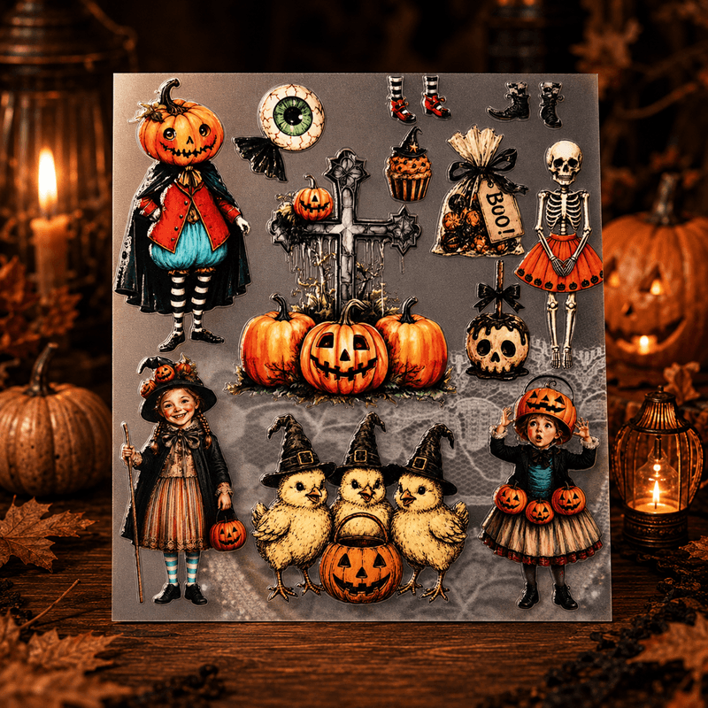 A Halloween-themed decorative sticker or craft sheet featuring illustrated pumpkins, a skeleton, witch children, chicks, boots, a cross, and spooky accessories, displayed against a dark autumn background with candles and pumpkins.
