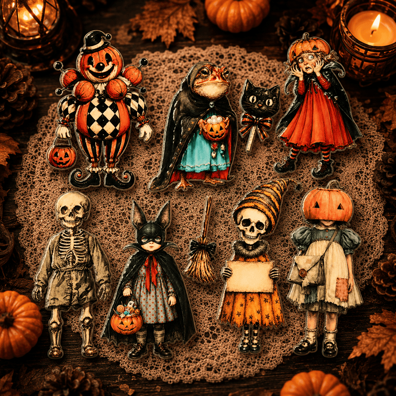 A group of Halloween-themed decorative figurines or cookies arranged on a textured brown mat, surrounded by pumpkins, pinecones, and warm candlelight. The characters include a clown pumpkin, a frog in a cape, a black cat in a dress, a girl in an orange dress, a skeleton, a bat in a cape, a child with a striped hat, and a child with a pumpkin head.