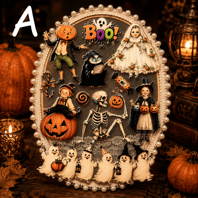 An oval Halloween-themed decorative plaque or tray with a beaded white border, featuring raised figures including a ghost bride, skeleton, pumpkins, ghoulish faces, and the word 'Boo!' on a dark background, styled with candles and pumpkins around it.