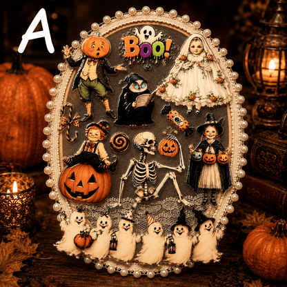 An oval Halloween-themed decorative plaque or tray with a beaded white border, featuring raised figures including a ghost bride, skeleton, pumpkins, ghoulish faces, and the word 'Boo!' on a dark background, styled with candles and pumpkins around it.