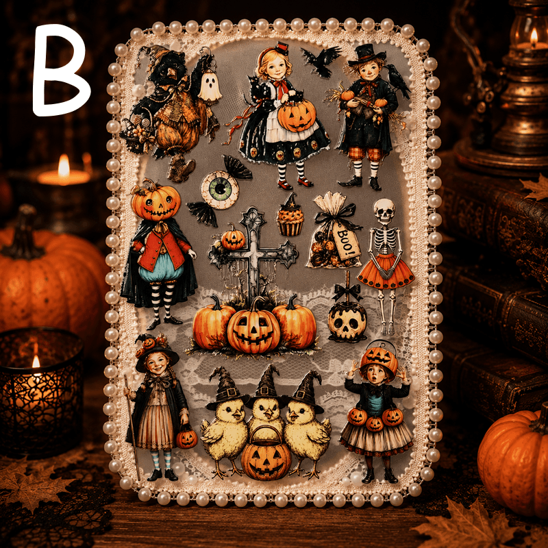 A rectangular decorative plaque or board covered in Halloween-themed illustrations, including pumpkins, ghosts, skeletons, witches, and birds, displayed on a dark rustic surface with candles and pumpkins around it.