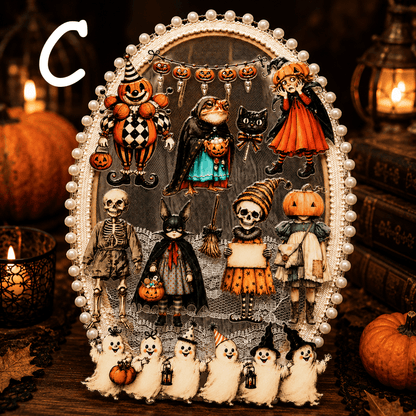 A decorative oval Halloween-themed plaque or wall hanging with a pearl-beaded border, featuring illustrated pumpkins, skeletons, ghosts, a cat, a bird, and small ghost figures against a dark patterned background. The piece is photographed on a wooden surface with candles, pumpkins, and books around it.