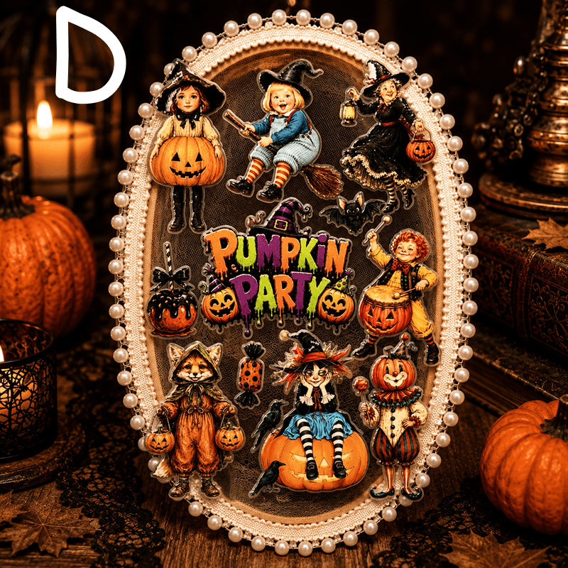 An oval Halloween-themed decorative plaque or sign with a pearl-like border, featuring illustrated children in witch and pumpkin costumes, jack-o'-lanterns, spiders, and the words “Pumpkin Party” in colorful lettering. The sign is photographed in a styled autumn setting with candles, pumpkins, and dark wood background.