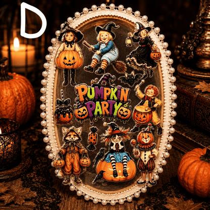 An oval Halloween-themed decorative plaque or sign with a pearl-like border, featuring illustrated children in witch and pumpkin costumes, jack-o'-lanterns, spiders, and the words “Pumpkin Party” in colorful lettering. The sign is photographed in a styled autumn setting with candles, pumpkins, and dark wood background.
