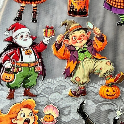 A sheet of Halloween-themed die-cut stickers featuring vintage illustrations, including a Santa Claus in a vampire costume, a mischievous witch child, jack-o'-lanterns, a pumpkin jar, and a surprised girl.
